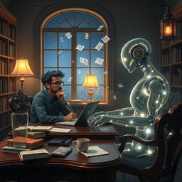 A surreal and imaginative scene depicting the collaboration between an AI writer and a human author