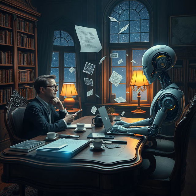 A surreal and imaginative scene depicting the collaboration between an AI writer and a human author