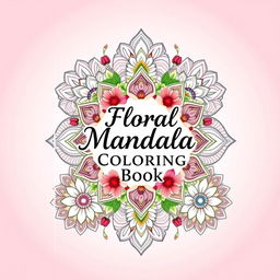 A visually striking cover for a 'Floral Mandala Coloring Book', featuring an elaborate design that combines intricate mandala patterns with vibrant floral elements