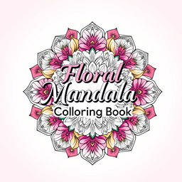A visually striking cover for a 'Floral Mandala Coloring Book', featuring an elaborate design that combines intricate mandala patterns with vibrant floral elements