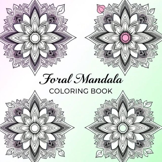 A visually striking cover for a 'Floral Mandala Coloring Book', featuring an elaborate design that combines intricate mandala patterns with vibrant floral elements