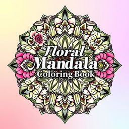 A visually striking cover for a 'Floral Mandala Coloring Book', featuring an elaborate design that combines intricate mandala patterns with vibrant floral elements