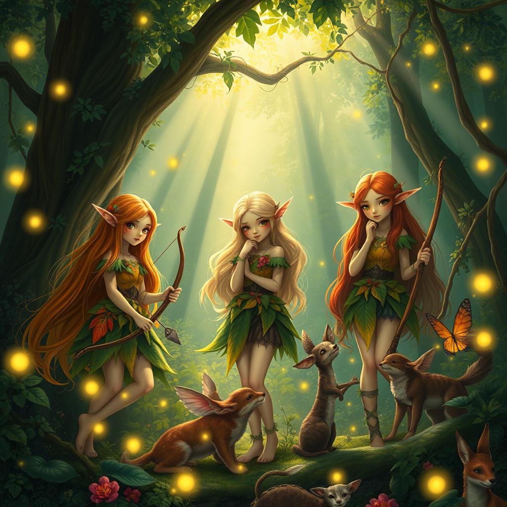 A captivating scene featuring beautiful girl elves with long flowing hair in vibrant, earthy colors, adorned in intricate outfits made of leaves and flowers