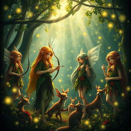 A captivating scene featuring beautiful girl elves with long flowing hair in vibrant, earthy colors, adorned in intricate outfits made of leaves and flowers