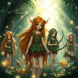 A captivating scene featuring beautiful girl elves with long flowing hair in vibrant, earthy colors, adorned in intricate outfits made of leaves and flowers