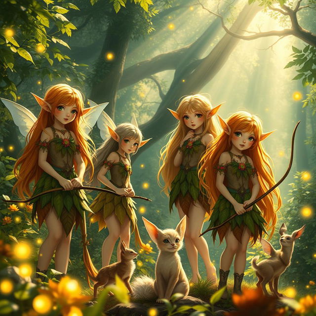 A captivating scene featuring beautiful girl elves with long flowing hair in vibrant, earthy colors, adorned in intricate outfits made of leaves and flowers