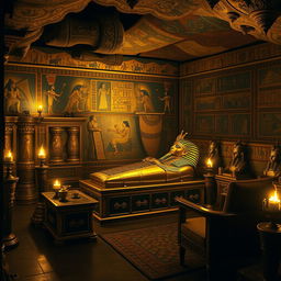 A richly decorated and intricately designed tomb of Tutankhamun, showcasing golden artifacts, ancient Egyptian hieroglyphics, colorful frescoes, and ornate furniture