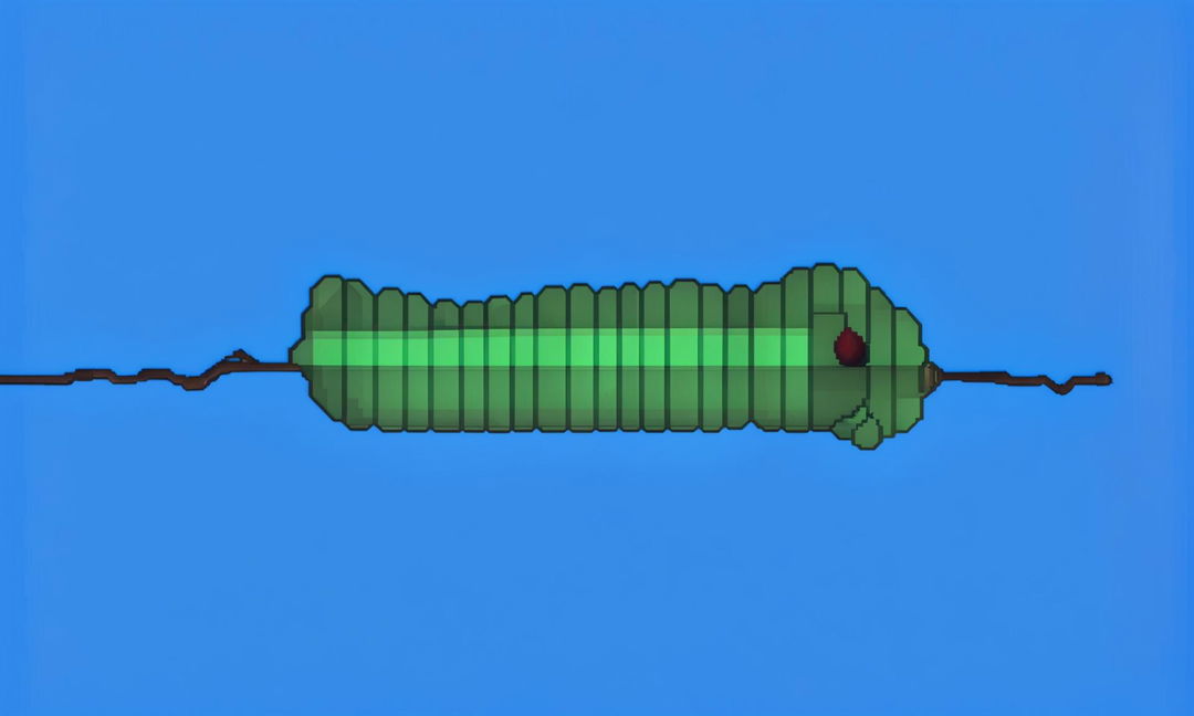 32k HD pixel art of a vibrant green caterpillar on a leafy branch against a gradient blue sky.