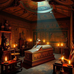 A richly decorated and intricately designed tomb of Tutankhamun, showcasing golden artifacts, ancient Egyptian hieroglyphics, colorful frescoes, and ornate furniture
