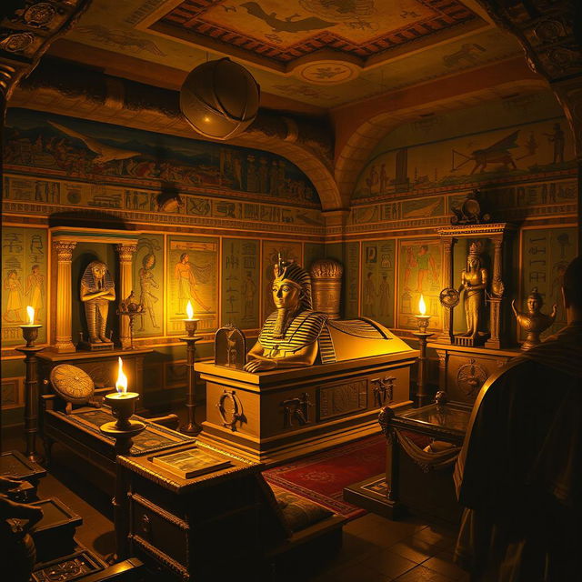 A richly decorated and intricately designed tomb of Tutankhamun, showcasing golden artifacts, ancient Egyptian hieroglyphics, colorful frescoes, and ornate furniture