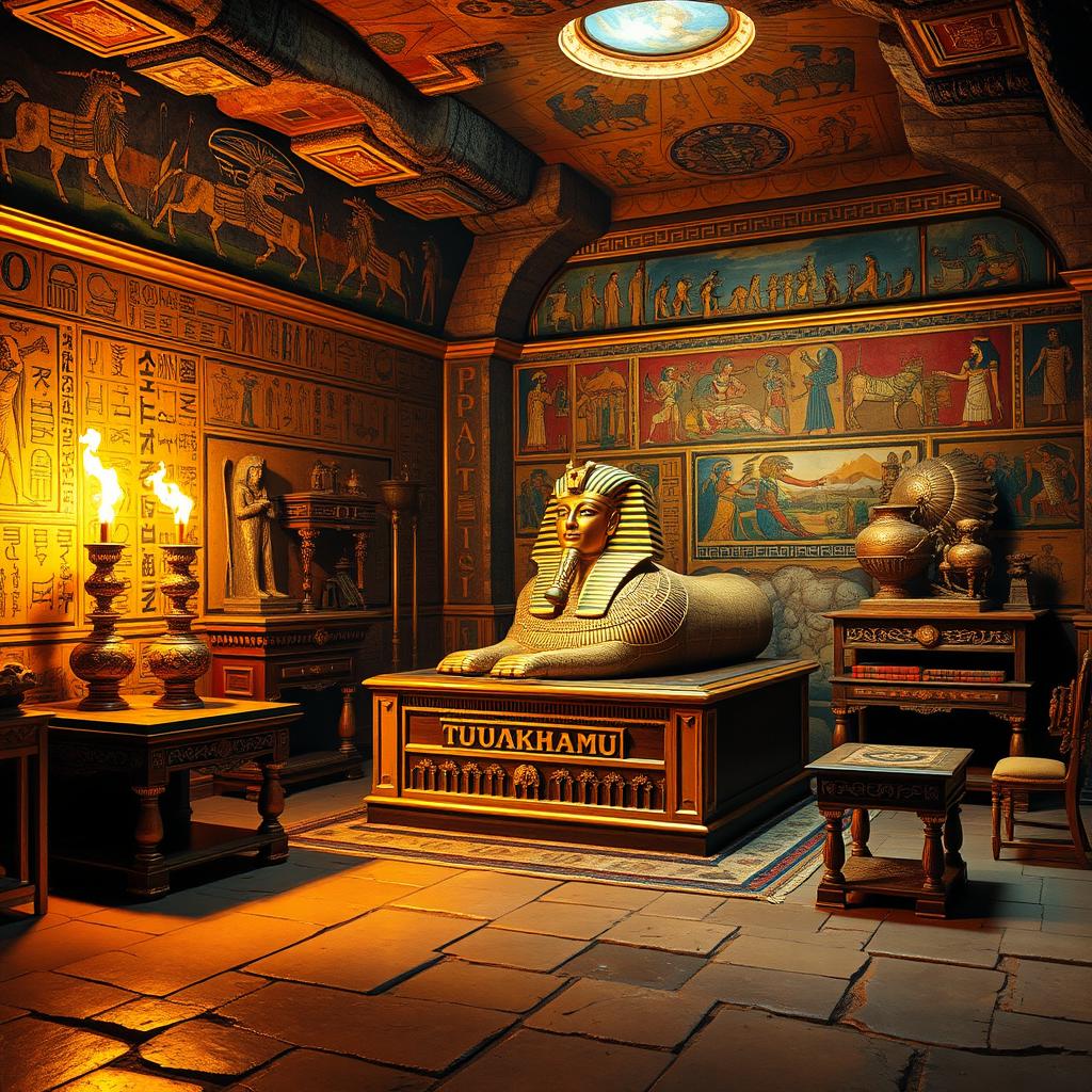 A richly decorated and intricately designed tomb of Tutankhamun, showcasing golden artifacts, ancient Egyptian hieroglyphics, colorful frescoes, and ornate furniture