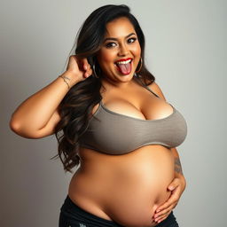 A Latina step mom with a very voluptuous body posing attractively