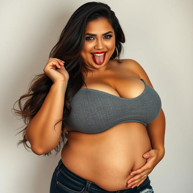 A Latina step mom with a very voluptuous body posing attractively