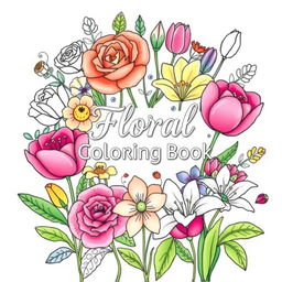 A beautifully designed cover for a 'Floral Coloring Book', featuring an array of vibrant and diverse flowers such as roses, tulips, and lilies illustrated in a whimsical style
