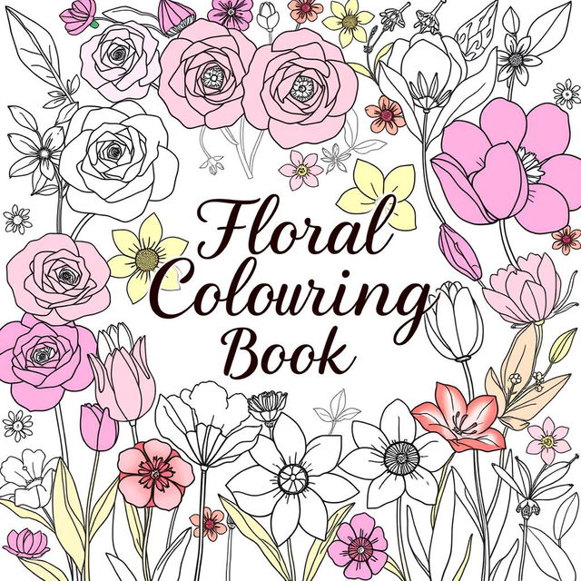 A beautifully designed cover for a 'Floral Coloring Book', featuring an array of vibrant and diverse flowers such as roses, tulips, and lilies illustrated in a whimsical style