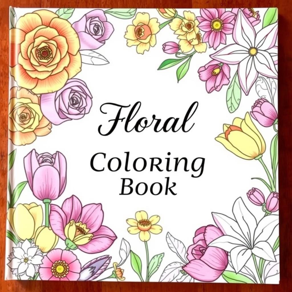 A beautifully designed cover for a 'Floral Coloring Book', featuring an array of vibrant and diverse flowers such as roses, tulips, and lilies illustrated in a whimsical style