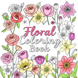 A beautifully designed cover for a 'Floral Coloring Book', featuring an array of vibrant and diverse flowers such as roses, tulips, and lilies illustrated in a whimsical style