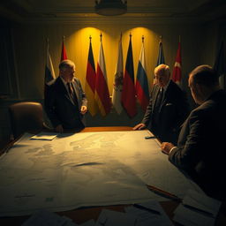 A dramatic and moody scene depicting a clandestine meeting between German and Russian officials in a dimly lit room filled with maps and blueprints related to the Nord Stream 2 pipeline