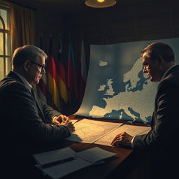 A dramatic and moody scene depicting a clandestine meeting between German and Russian officials in a dimly lit room filled with maps and blueprints related to the Nord Stream 2 pipeline