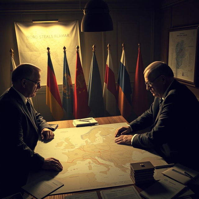 A dramatic and moody scene depicting a clandestine meeting between German and Russian officials in a dimly lit room filled with maps and blueprints related to the Nord Stream 2 pipeline