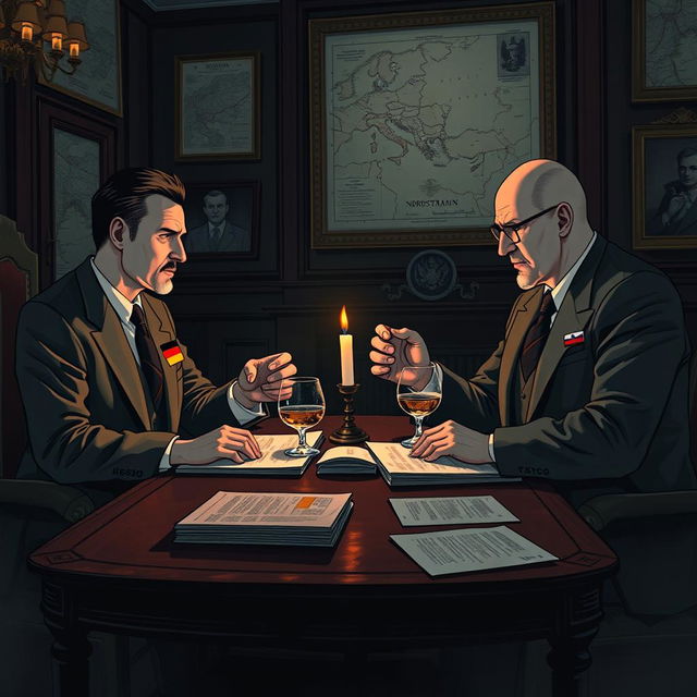 An intricate and engaging digital illustration depicting a clandestine meeting between representatives from Germany and Russia