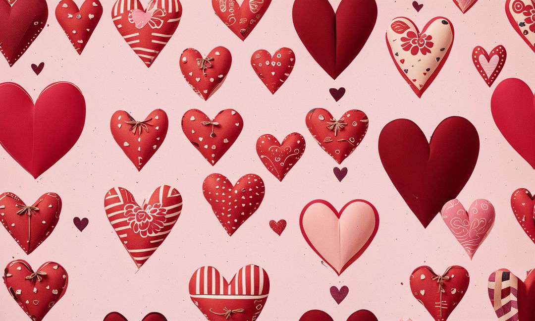 Vintage-style wallpaper filled with an array of unique Valentine's hearts against a soft pastel pink background, inspired by Wes Anderson's aesthetic