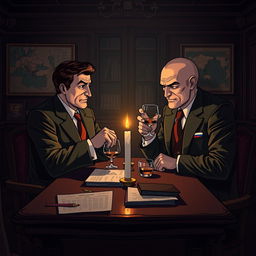 An intricate and engaging digital illustration depicting a clandestine meeting between representatives from Germany and Russia