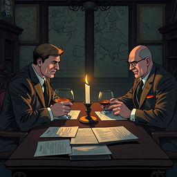 An intricate and engaging digital illustration depicting a clandestine meeting between representatives from Germany and Russia