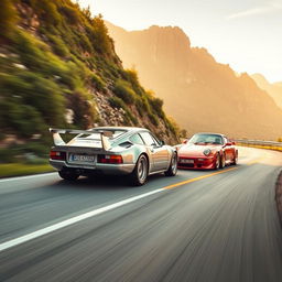 A dynamic and artistic depiction of two iconic Porsche models: the Porsche 911 Carrera GT1, showcasing its sleek aerodynamic design and distinctive rear wing, and the Porsche 928 S4, highlighting its powerful stance and elegant curves