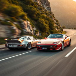 A dynamic and artistic depiction of two iconic Porsche models: the Porsche 911 Carrera GT1, showcasing its sleek aerodynamic design and distinctive rear wing, and the Porsche 928 S4, highlighting its powerful stance and elegant curves