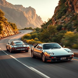 A dynamic and artistic depiction of two iconic Porsche models: the Porsche 911 Carrera GT1, showcasing its sleek aerodynamic design and distinctive rear wing, and the Porsche 928 S4, highlighting its powerful stance and elegant curves
