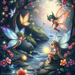 A vibrant and detailed depiction of various fantasy sprites, each showcasing unique traits and whimsical designs