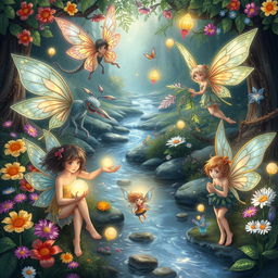 A vibrant and detailed depiction of various fantasy sprites, each showcasing unique traits and whimsical designs