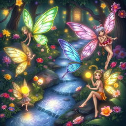 A vibrant and detailed depiction of various fantasy sprites, each showcasing unique traits and whimsical designs
