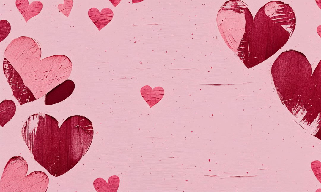 Minimalistic vintage-style wallpaper with textured Valentine's hearts on a pastel pink background, inspired by Wes Anderson's aesthetic