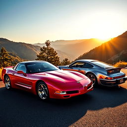 A thrilling scene depicting a vibrant C5 Corvette Z06 parked next to a sleek Porsche 928 S4