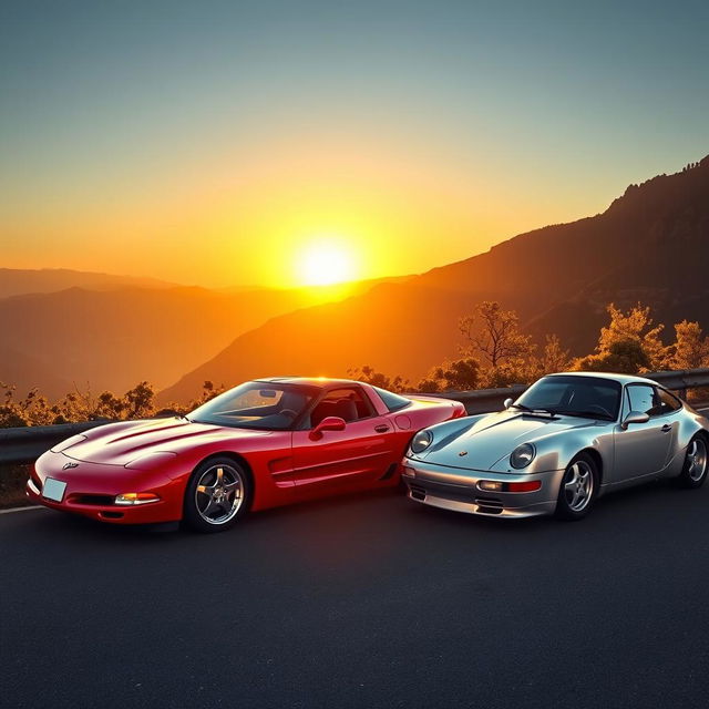 A thrilling scene depicting a vibrant C5 Corvette Z06 parked next to a sleek Porsche 928 S4