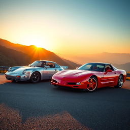 A thrilling scene depicting a vibrant C5 Corvette Z06 parked next to a sleek Porsche 928 S4
