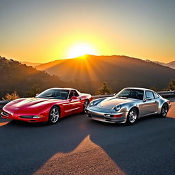 A thrilling scene depicting a vibrant C5 Corvette Z06 parked next to a sleek Porsche 928 S4