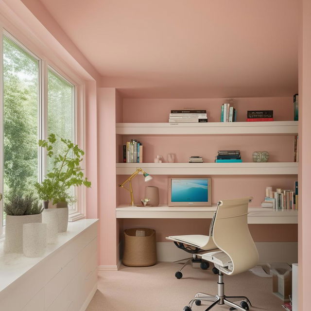 Cosy and modern home office with an ergonomic chair, a spacious desk, a large window allowing natural light, and well-organized bookshelves flush against a soothing pastel colored wall.