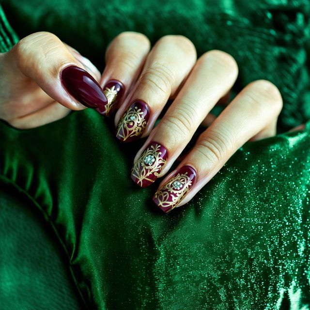 Close-up photograph of almond-shaped nails with a glossy burgundy base and intricate gold filigree designs