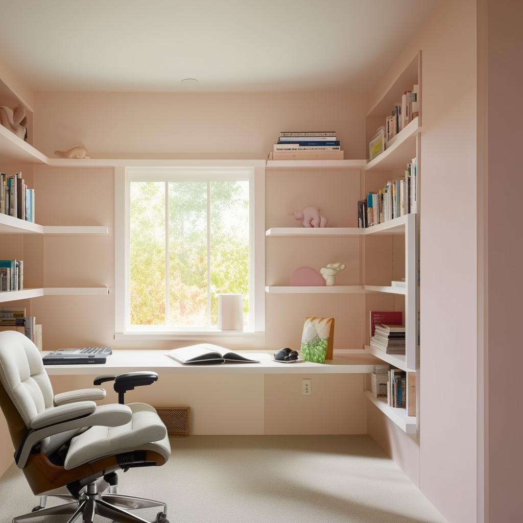 Cosy and modern home office with an ergonomic chair, a spacious desk, a large window allowing natural light, and well-organized bookshelves flush against a soothing pastel colored wall.