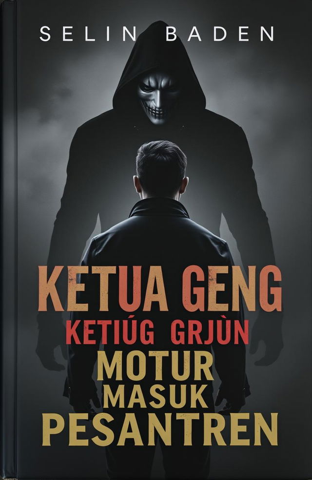 A dramatic and intense book cover for a title "Ketua Geng Motor Masuk Pesantren"