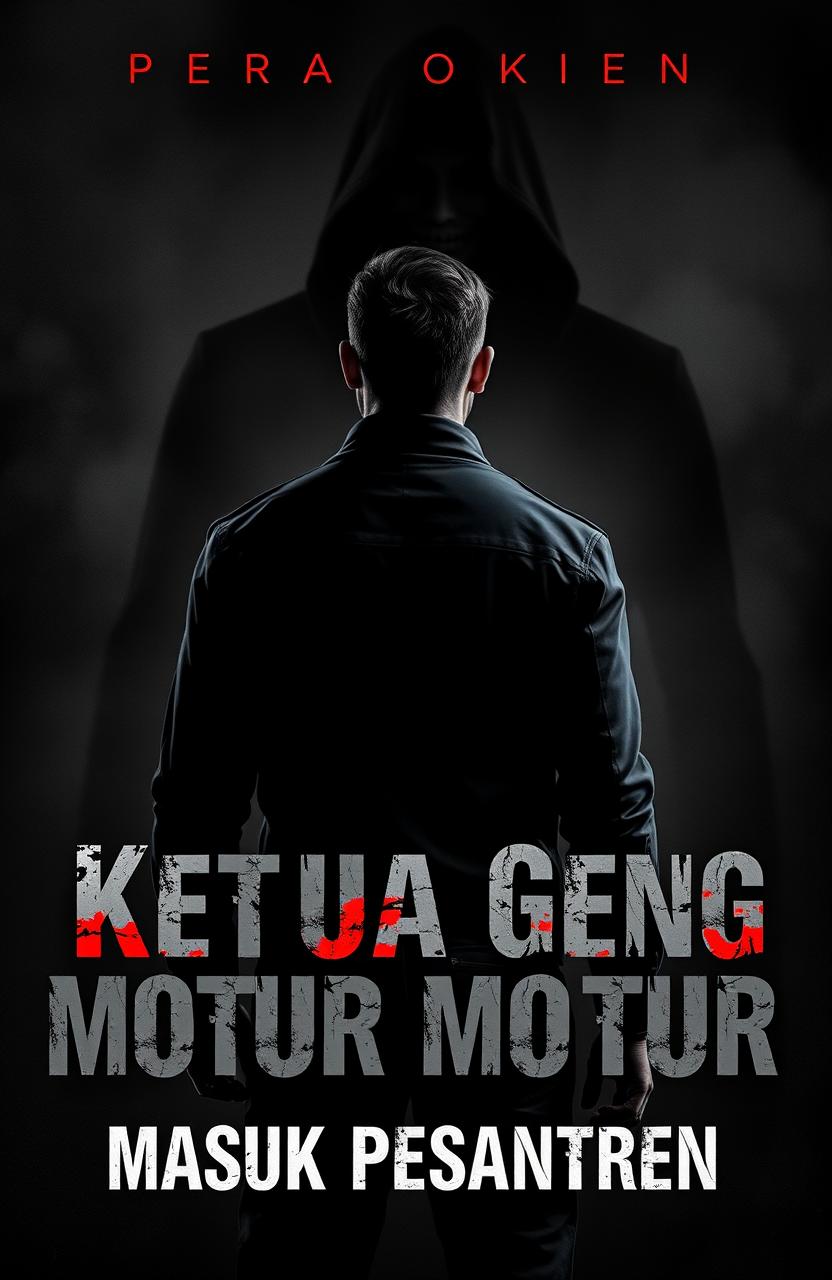 A dramatic and intense book cover for a title "Ketua Geng Motor Masuk Pesantren"