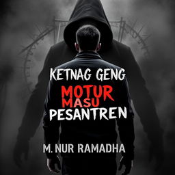 A dramatic and intense book cover for the title "Ketua Geng Motor Masuk Pesantren" written by M