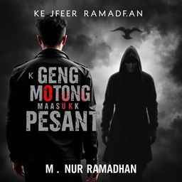 A dramatic and intense book cover for the title "Ketua Geng Motor Masuk Pesantren" written by M