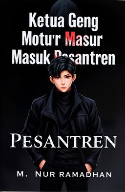 A book cover titled "Ketua Geng Motor Masuk Pesantren", featuring a 17-year-old male character with Korean-style hair