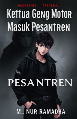 A book cover titled "Ketua Geng Motor Masuk Pesantren", featuring a 17-year-old male character with Korean-style hair