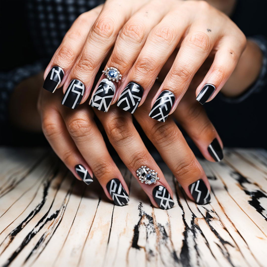 Close-up photograph of square-shaped nails with a matte black base and silver geometric designs