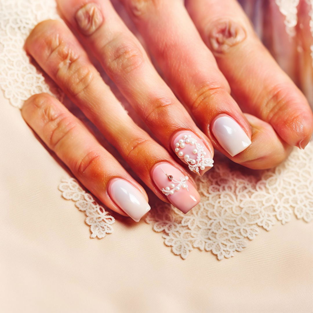 Close-up photograph of stiletto-shaped nails with a pastel pink base and delicate white lace designs